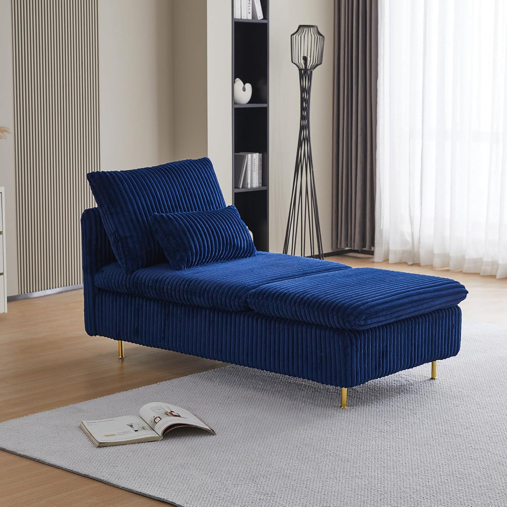 Chaise Lounge Chair Indoor 62.6" Upholstered Recliner Sofa Blue | Corduroy Modern Sofas with Support Pillow, Golden Metal Legs Sleeper Sofa for Bedroom, Living Room, Office