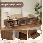 Marzzi Mid-Century Modern TV Stand for 85 inches TV, 76" Media Console with Fluted Cabinet Door, Sliding Glass Doors, and 2 Drawers, Entertainment Center with Storage, Solid Wood Legs