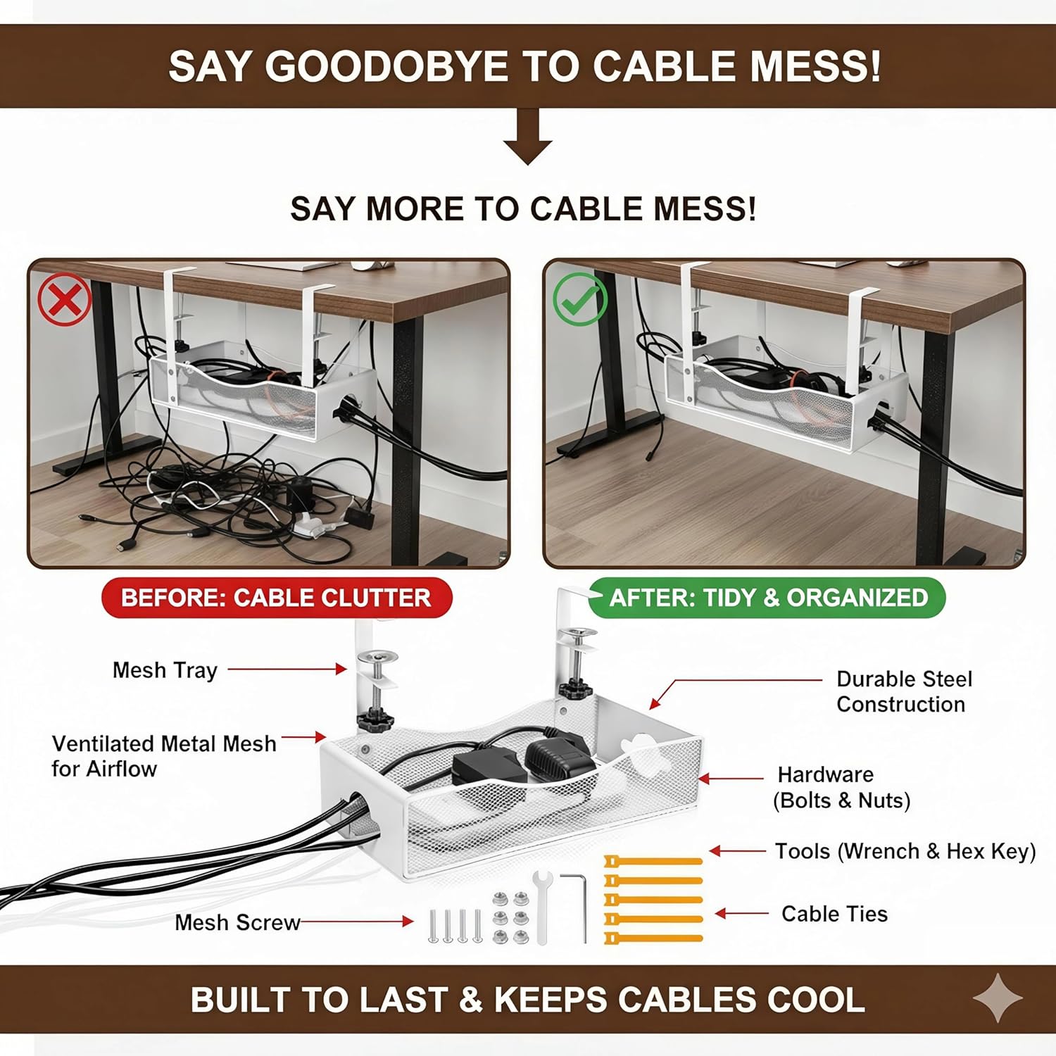 Extra Wide Under Desk Cable Management - No Drill Installation Cable Management Tray, Modern Cord Organizer for Office/Home Desk, Fits Power Strips & Wires((White, XL)