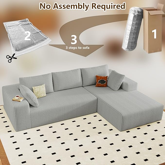 96" Modular Sectional Couch, Boneless L Shaped Cloud Sofa with Chaise Lounge, Corduroy Upholstered Couches Memory Foam Deep Seat, No Assembly Required, Ideal for Living Room(Light Gray, Right Facing)