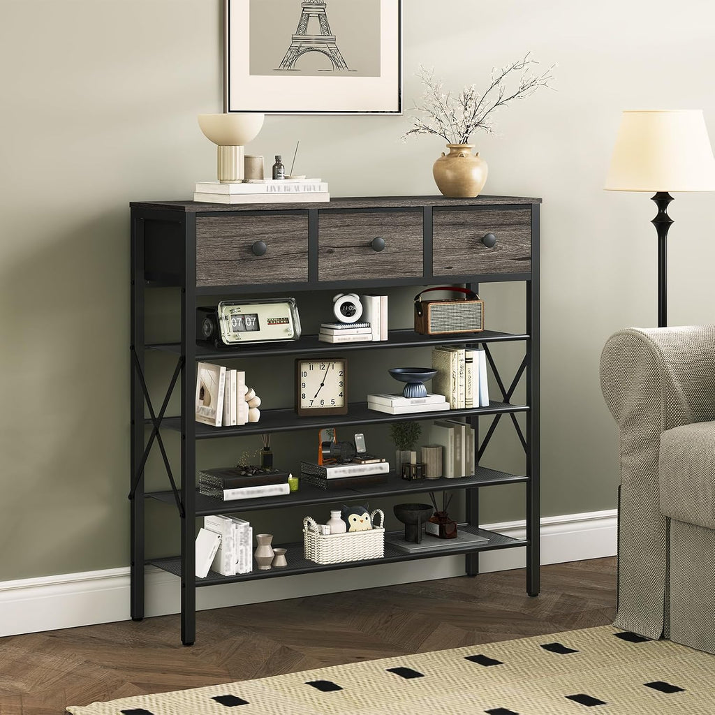 5-Tier Shoe Rack with 3 Drawers, Metal Shoe Organizer for 20 Pairs with Storage Shelves and Wooden Top, for Entryway, Hallway, Foyer, Closet, Charcoal and Black SS35BC