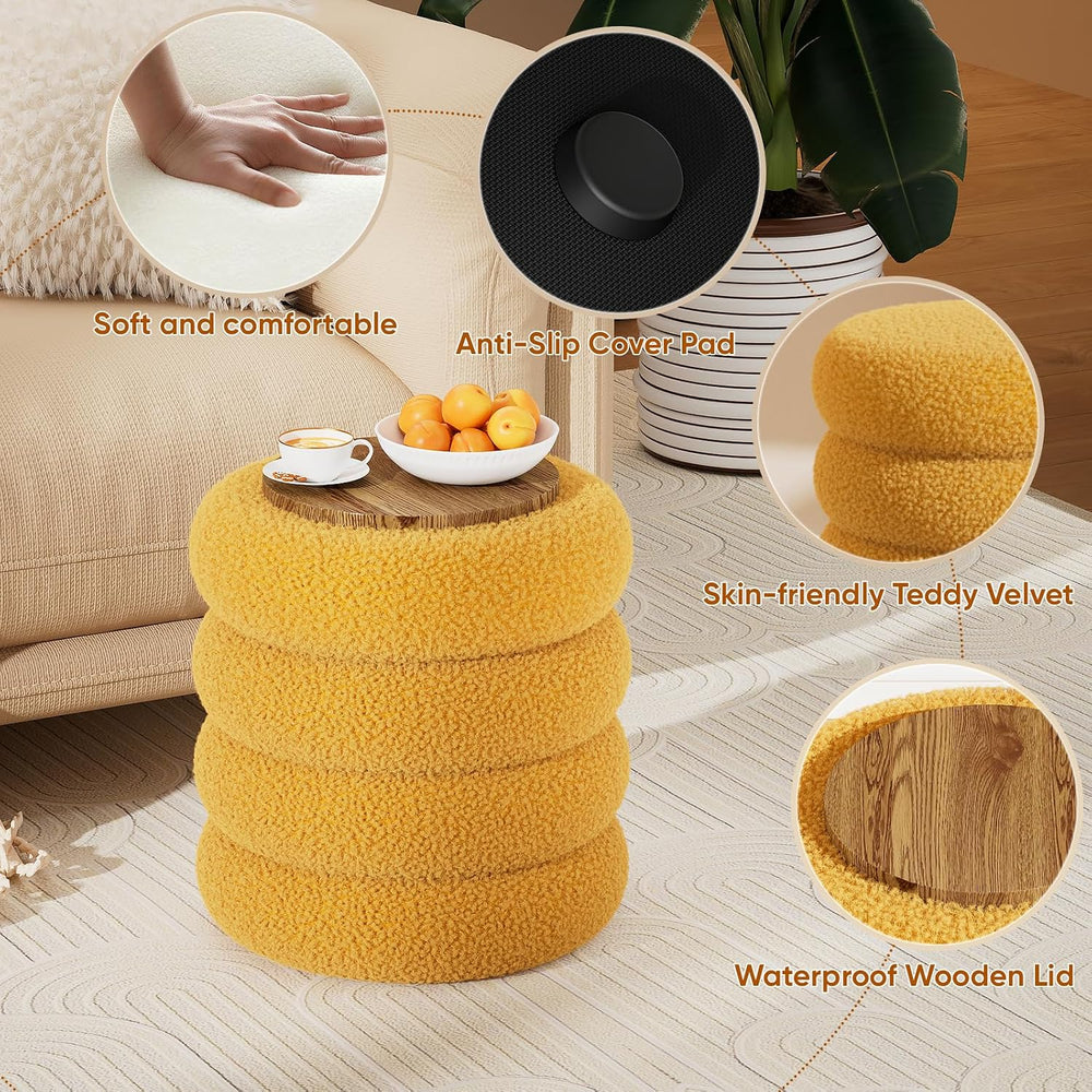 Soft Teddy Round Ottoman with Tray, 17.5 Inches Ottoman Coffee Table with Sto...