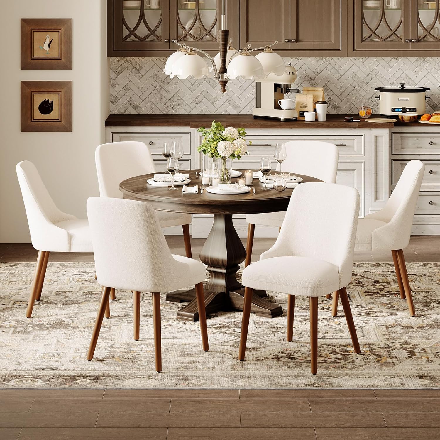 MALOL Dining Room Chair Set of 2, Upholstered Kitchen Chairs with Wood Legs, High-Back Padded Dining Chairs for Dining Room/Restaurant/Cafe, Beige