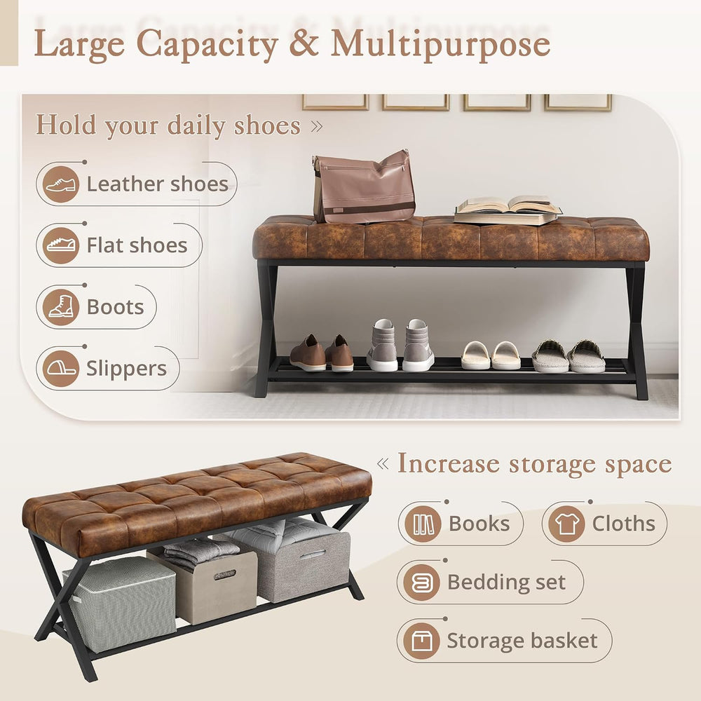LUE BONA 44.5” End of Bed Bench with Shelf, Linen Tufted Upholstered Storage ...