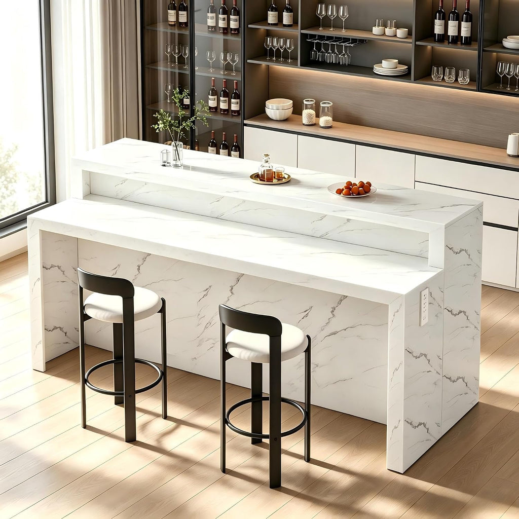 71'' Faux Marble Dining Table for 6 People, 2-Tier Tall Modern Kitchen Island with LED Lights, Rectangle Kitchen Dining Table for Home
