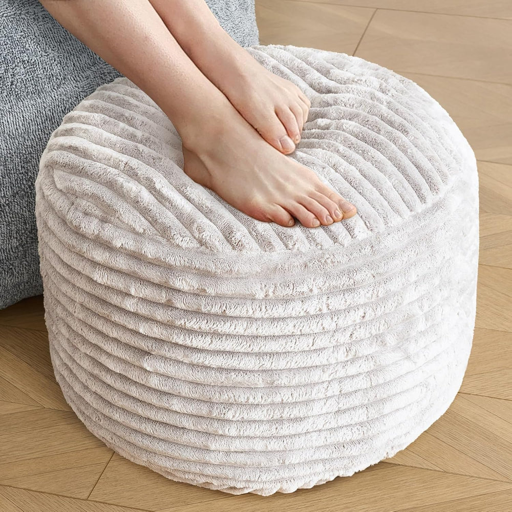 Stuffed Round Ottoman,Corduroy Pouf Ottoman Foot Rest,20 X 15 in,Beige | Memo...