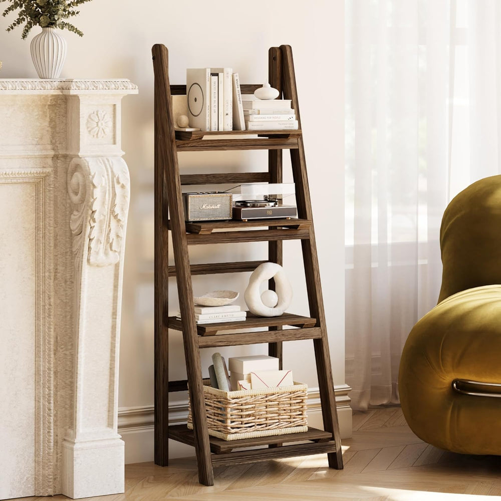 Ladder Shelves - Folding Wooden Ladder Bookshelf, 4-Tier Retro Plant Stand St...