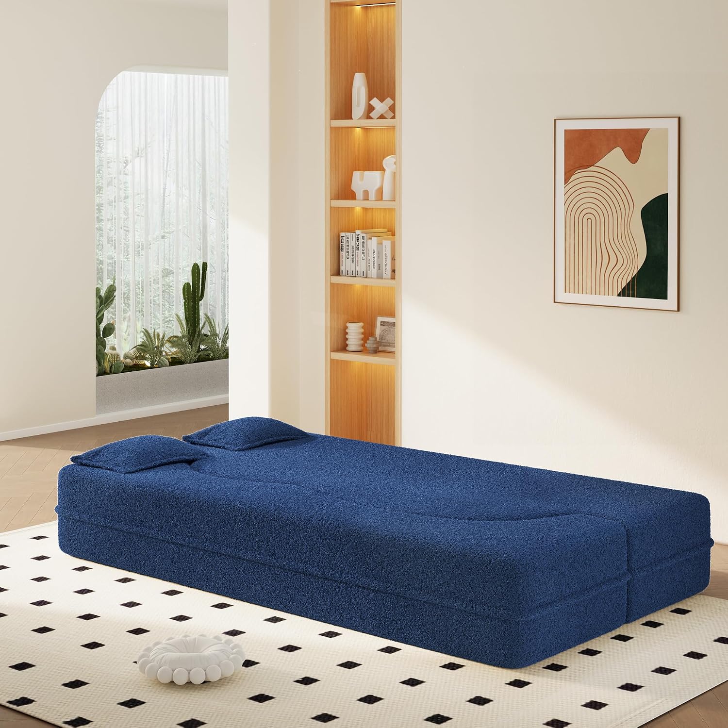 Convertible Folding Sofa Bed, 2-in-1 Full Size Floor Boneless Couch Bed, Loveseat sleeper Couch , Corduroy Floor Sofa, Memory Foam Sleeper SofaBed, Small couches for small spaces, No Assembly, Blue