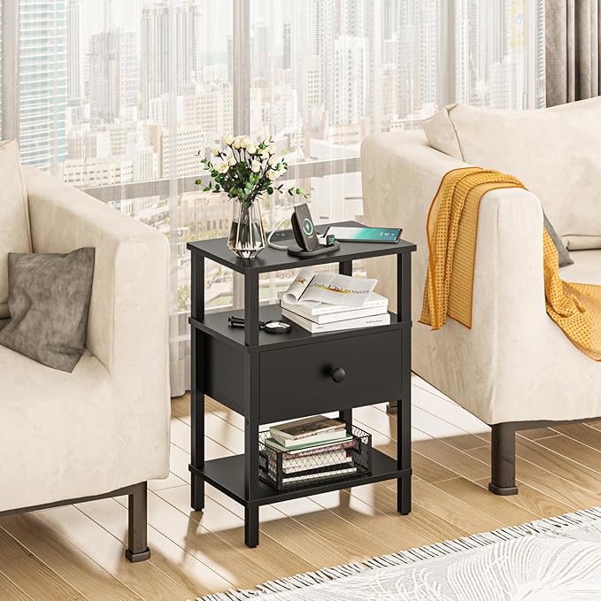 Lerliuo Nightstand with Charging Station and USB Ports, 3-Tier Storage End Ta...