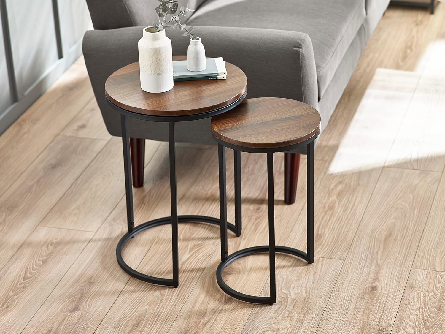 Julian Bowen Tribeca Round Nesting Side Tables, Walnut Effect/Black