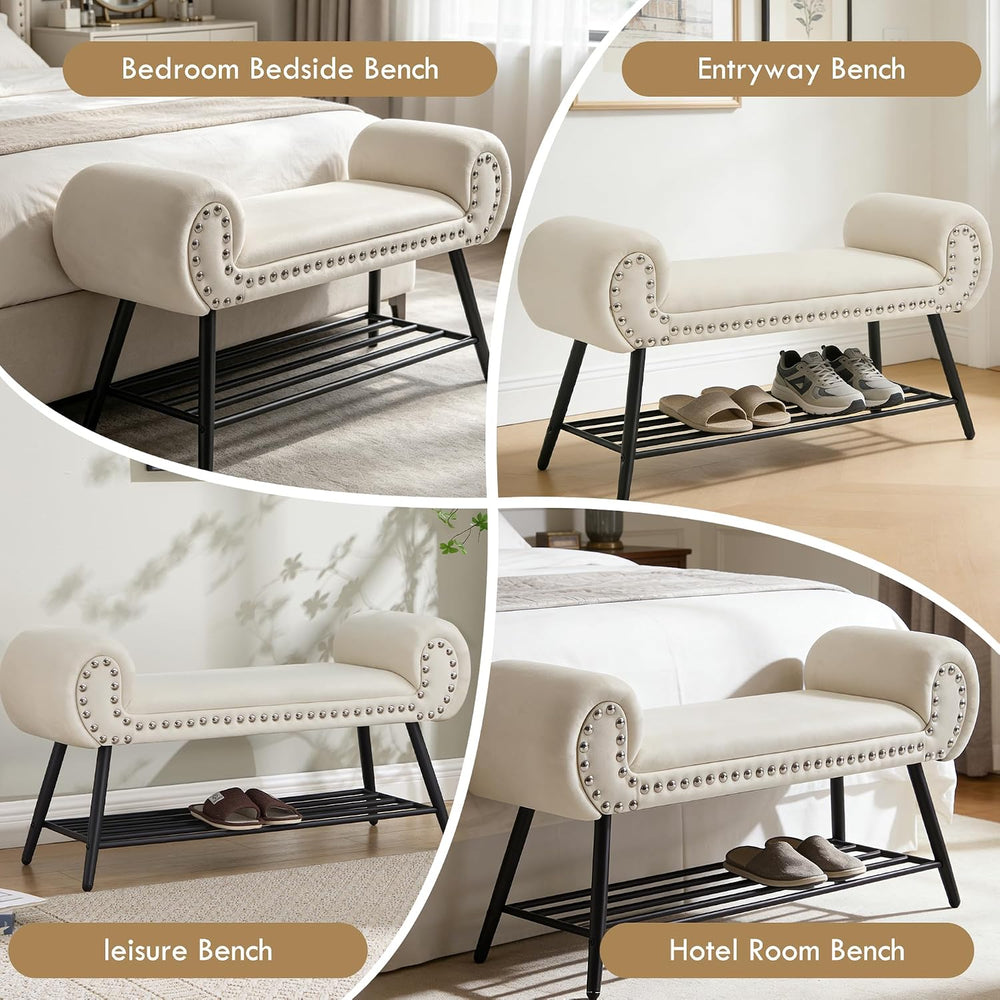End of Bed Bench with Shoe Shelf, 45" Modern Velvet Upholstered Bedroom ...