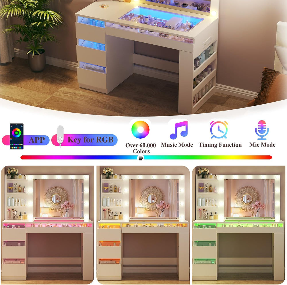 HUAHUU Vanity Desk with Lighted Mirror & Transparent Top, Makeup Vanity D...