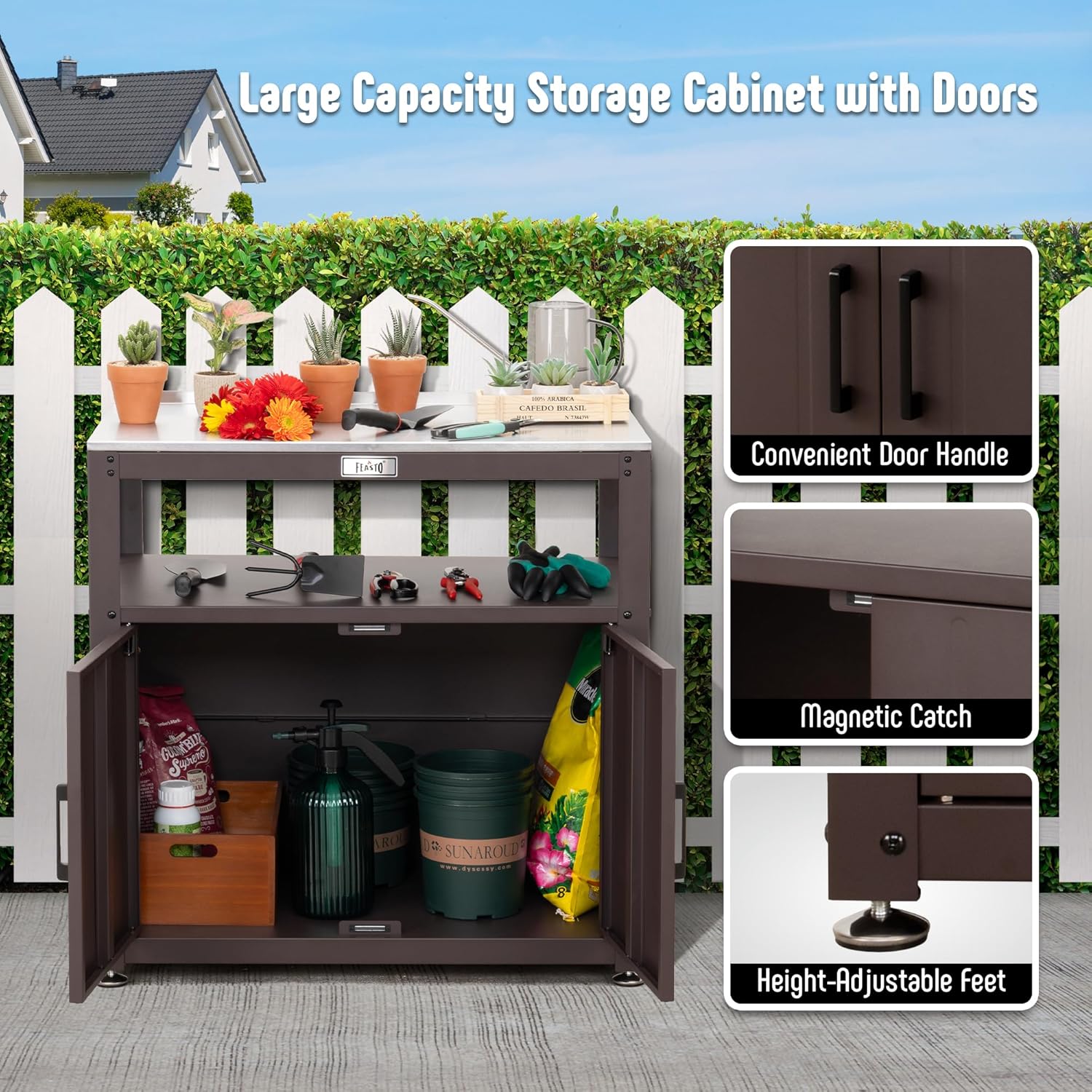 Garden Potting Bench with Storage Cabinet, Outdoor Gardening Table & Work Bench for Plants, Horticulture, Outdoor Workstation with Stainless Steel Tabletop, Outdoor Work Table