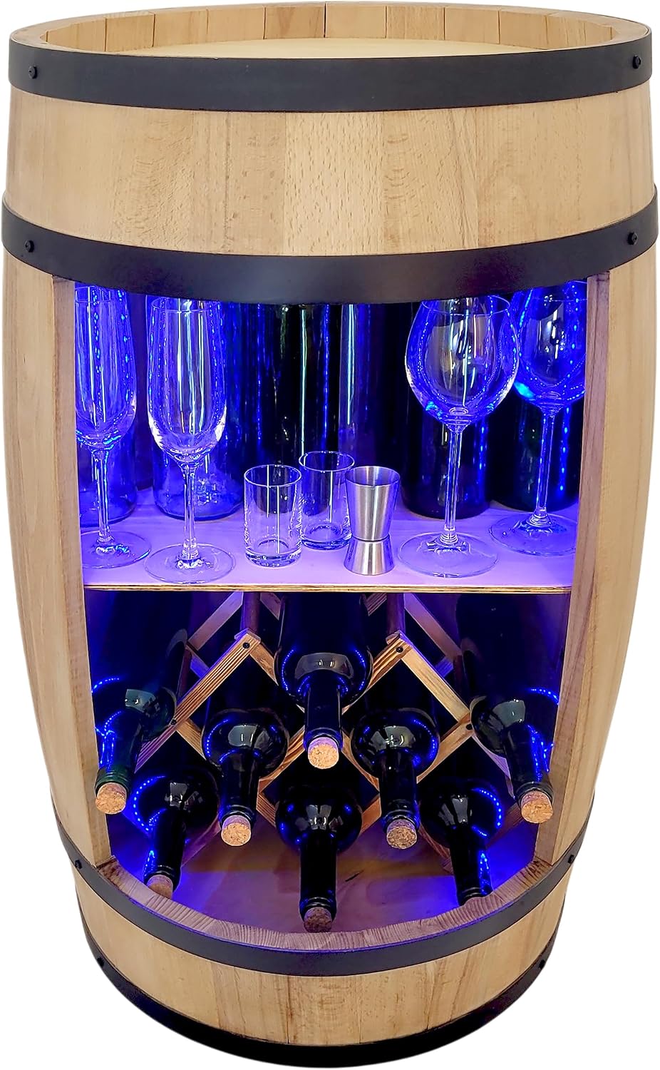 Wooden Barrel with Wine Holder - Wine Rack. 80 cm. Rustic Decorative Bar Cabinet Wine Stand - Home Bar R.G.B. Draft Beer, Whisky Bar Bottle Stand. Home Bar Gift for Man (Light Brown)