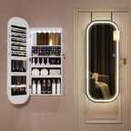LVSOMT LED Mirror Jewelry Cabinet, Wall/Door Mount Jewelry Mirror Organizer, Rounded Full Length Mirror with Storage, Lockable Jewelry Armoire, 16" Wide, Foldable Shelf, Interior Mirror, White