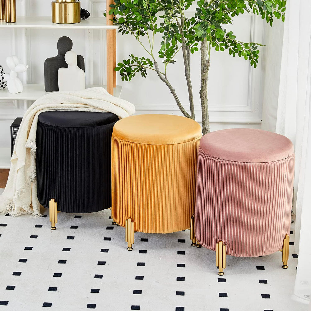 Round Ottoman Foot Stool with Storage and Metal Legs for Living Room Bedroom,...
