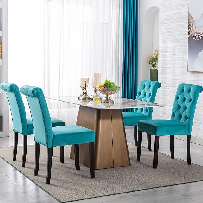 Velvet Dining Chairs Set of 4 Upholstered Dining Room Chairs Modern Tufted Accent Chairs Wooden Parsons Side Chairs for Home Kitchen Restaurant, Cyan