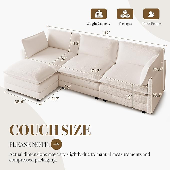 ROWHY 112'' Modular Sectional Cloud Couch with Movable Ottoman, 4 Seat Modern Chenille Sofa with 2 Throw Pillows, Deep Seat L Shaped Couch for Living Room Bedroom Apartment, Beige | Arrange Freedom, Pet-Friendly Fabric, Sturdy Frame, Ultimate Comfort, ...
