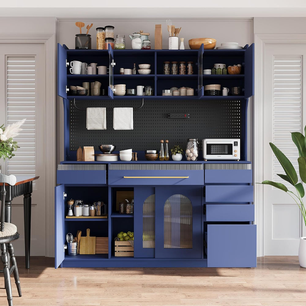 SOFTSEA Tall Kitchen Pantry with Hutch and 6 Drawers, Large Coffee Bar Storag...