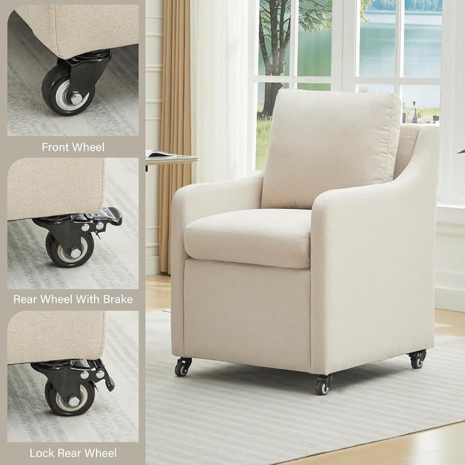 Rolled Dining Chair with Casters, Upholstered Modern Rolling Armchair with Wheels for Kitchen (1, Fabric Beige)