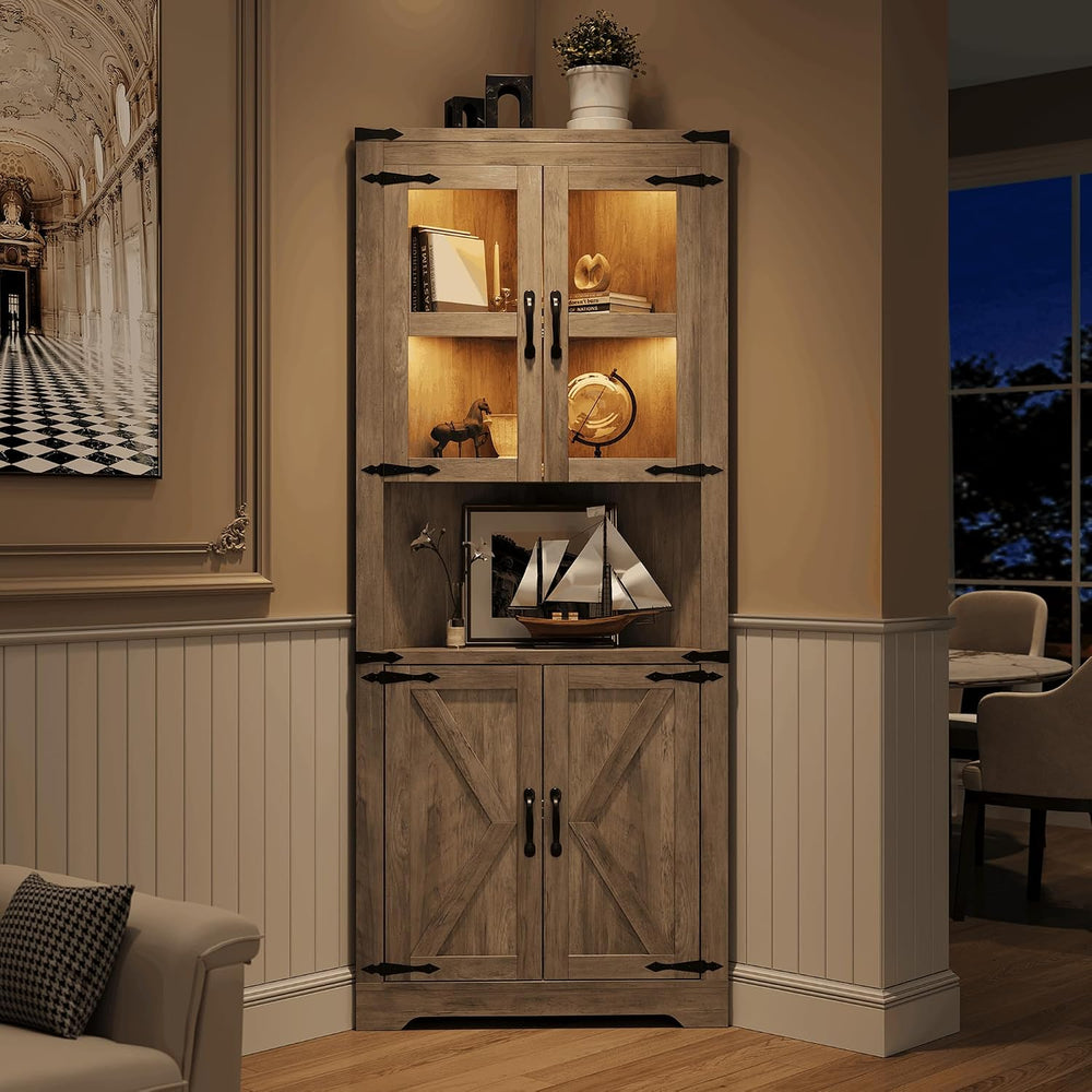 GarveeHome 67 in Tall Corner Storage Cabinet with Lights, Farmhouse Corner Hu...