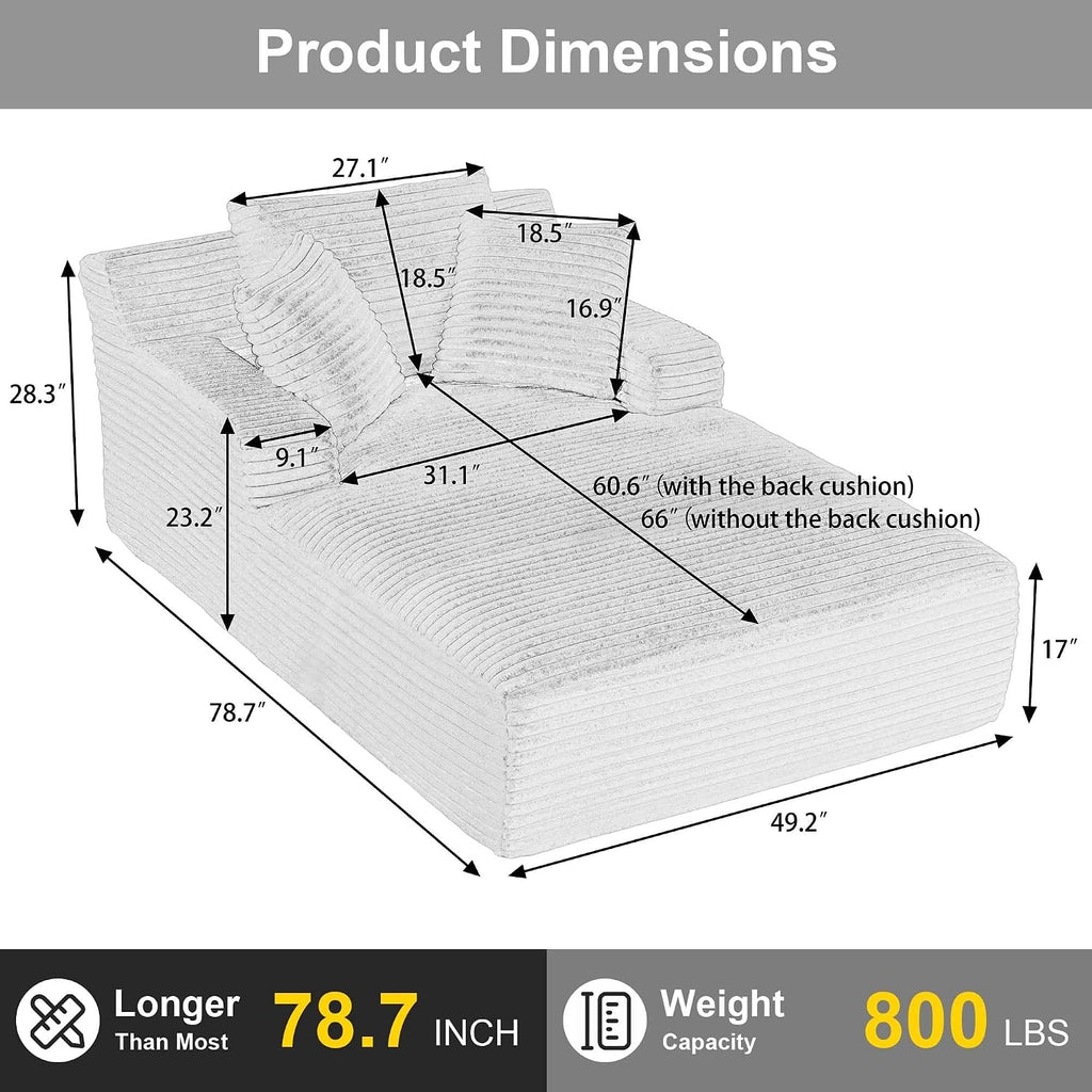 Oversized Chaise Lounge Chair Indoor, 78.7" Extra Deep Boneless Corduroy Lounge Couch Bed with 2 Pillows, Single Seat Reading Chairs for Living Room,Bedroom,Apartment,No Assembly Required