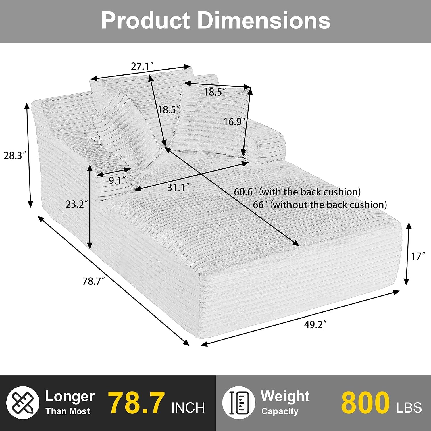 Oversized Chaise Lounge Chair Indoor, 78.7" Extra Deep Boneless Corduroy Lounge Couch Bed with 2 Pillows, Single Seat Reading Chairs for Living Room,Bedroom,Apartment,No Assembly Required