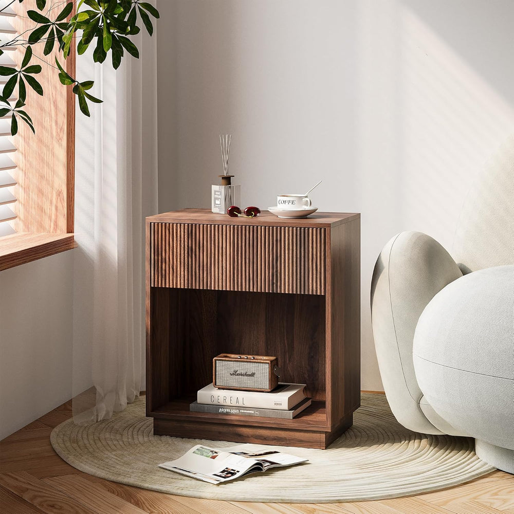 Fluted Nightstands Set of 2, Modern Bedside Table with Storage Drawer and Ope...