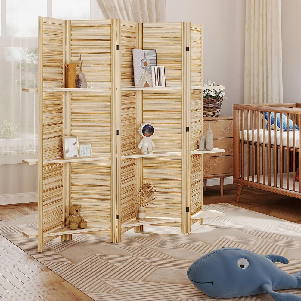 HOMCOM Room Divider with Shelves, 5 Panel, 67" Tall, Natural Wood