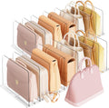 Criusia Adjustable Closet Purse Organizer Rack – 28.8" Extra-Long Shelf Divider with 12 Base Panels & 16 Dividers – Non-Slip Handbag Holder for Bags, Clothes, Kitchen, Office