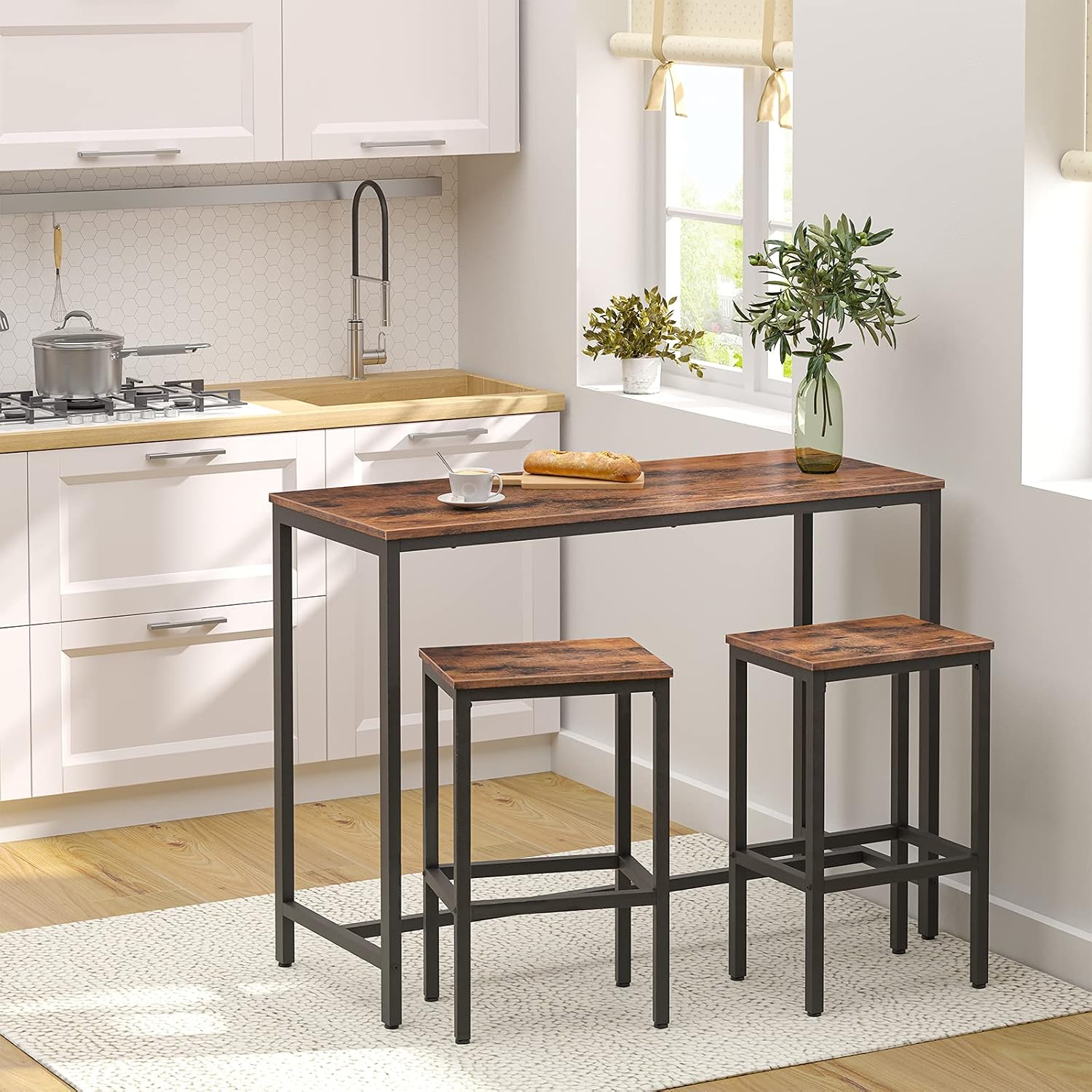 HOOBRO Bar Table and Chairs Set, 47.2” Rectangular Pub Table with 2 Stools for Small Space, 3-Piece Breakfast stools Set, Sturdy Metal Frame, Easy to Assemble, Rustic Brown BF52BT01