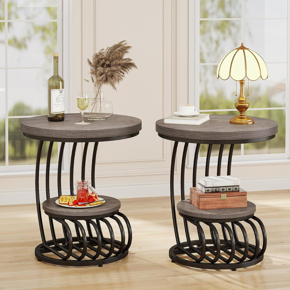 Tribesigns Round End Table: 2 Tiers Wood Side Table Set of 2 with Storage She...