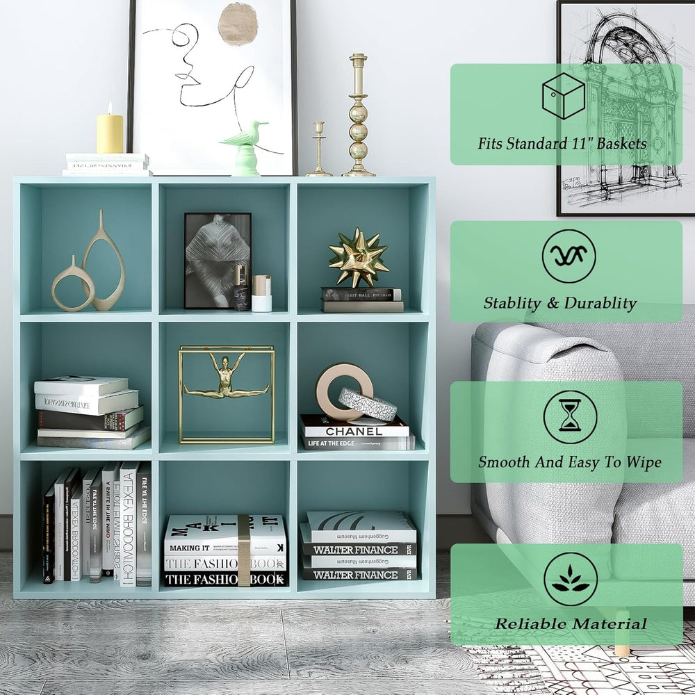 9-Cube Storage Shelf Bookcase - Wooden 3-Tier Floor Standing Open Bookshelf f...