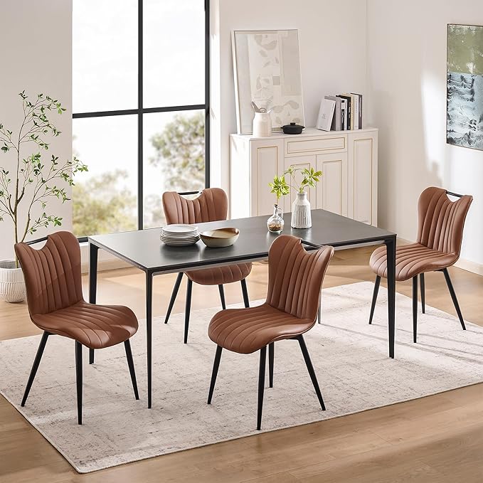 Leather Upholstered Dining Chairs Set of 4, Mid-Century Modern Kitchen Dining Room Chair with Black Metal Legs, Armless Faux Leather Accent Dinner Chairs Kitchen Side Chair, Camel