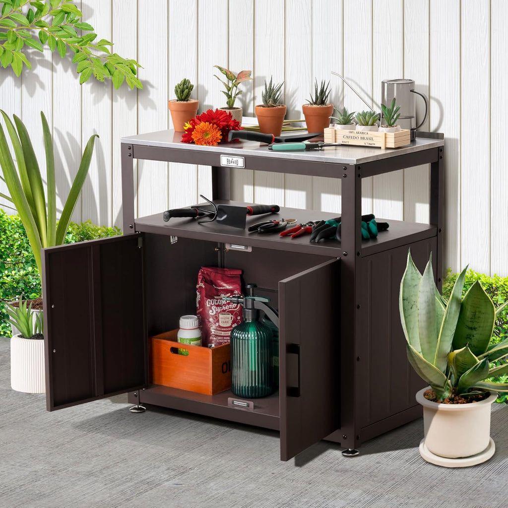 Garden Potting Bench with Storage Cabinet, Outdoor Gardening Table & Work Bench for Plants, Horticulture, Outdoor Workstation with Stainless Steel Tabletop, Outdoor Work Table