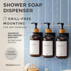 MaisoNovo Shampoo and Conditioner Dispenser - Shower Soap Dispenser Wall Mounted - 16.9 fl oz Set of 3 Amber Plastic Bottles Black Bamboo Pump - Shampoo Dispenser, Shower Dispenser 3 Chamber No Drill