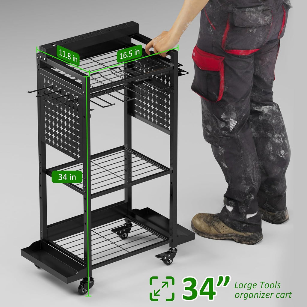 Power Tool Organizer Rolling Cart with Charging Station, Garage Floor Stand Rolling Tool Storage Rack with Charging Power Strip, Garage Storage Heavy Duty Utility Shelf with Wheels
