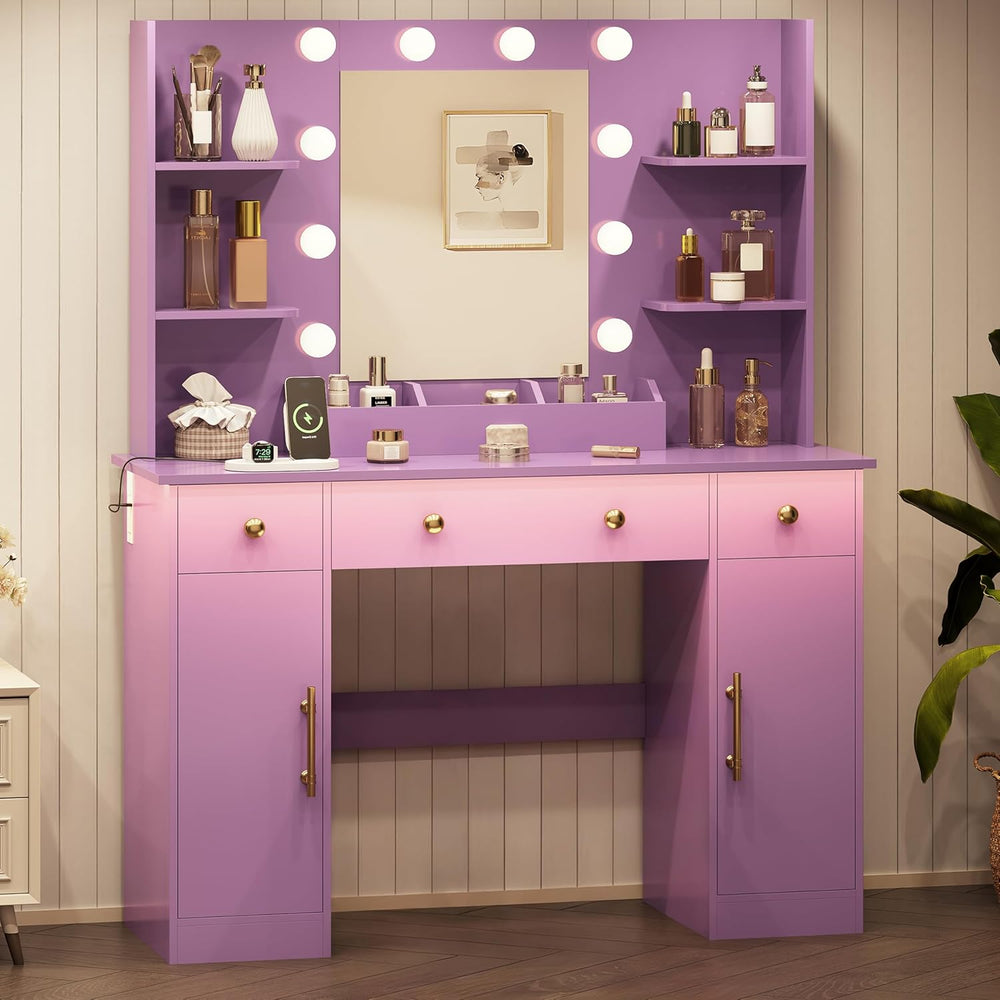 HUANLEGO Vanity Desk with Mirror and Lights, Makeup Vanity with Mirror and LE...