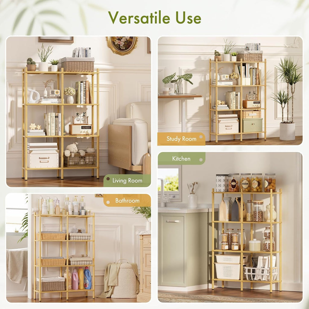 Book Shelf, 4 Tier Bamboo Bookshelf, Tall Bookcase with 8 Open Display Shelves Storage Organizer, Adjustable Bookshelves Standing Shelf Units for Bedroom, Living Room, Bathroom, Home Office