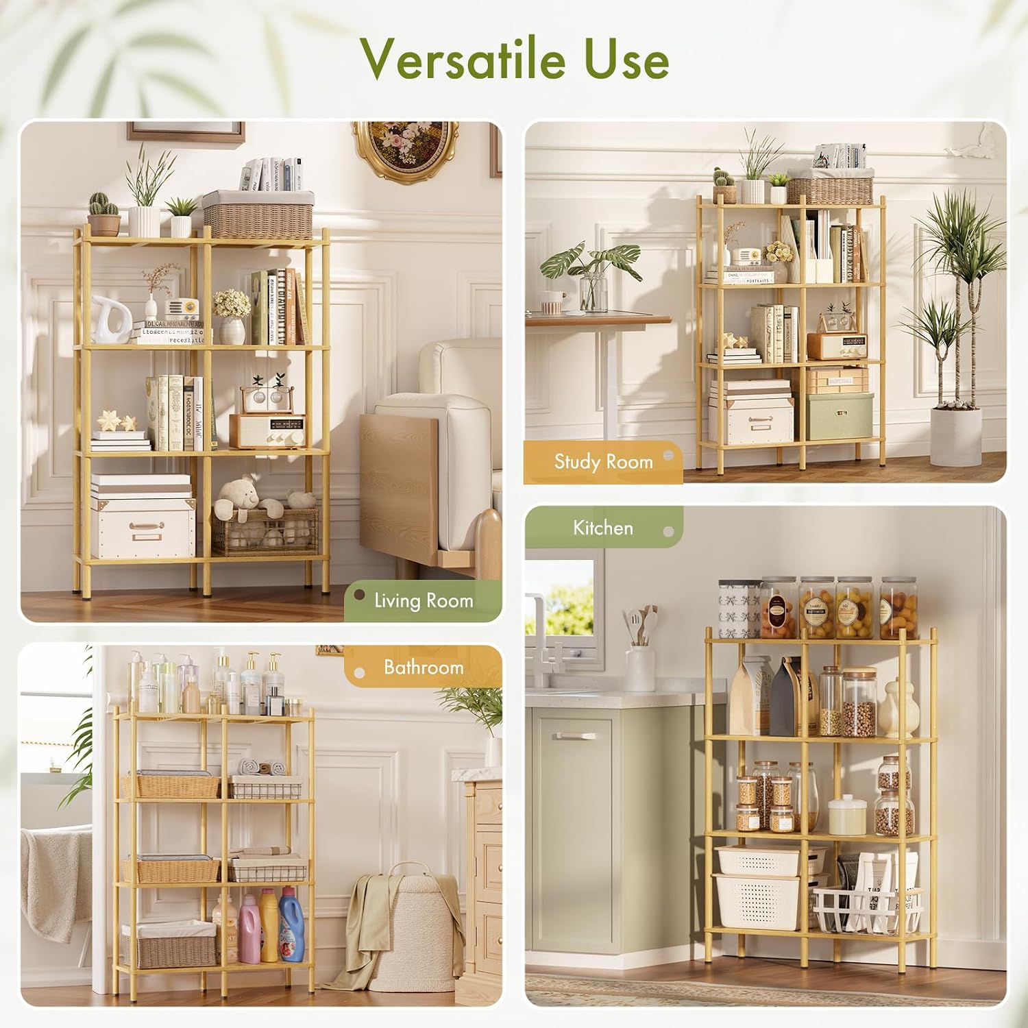 Book Shelf, 4 Tier Bamboo Bookshelf, Tall Bookcase with 8 Open Display Shelves Storage Organizer, Adjustable Bookshelves Standing Shelf Units for Bedroom, Living Room, Bathroom, Home Office