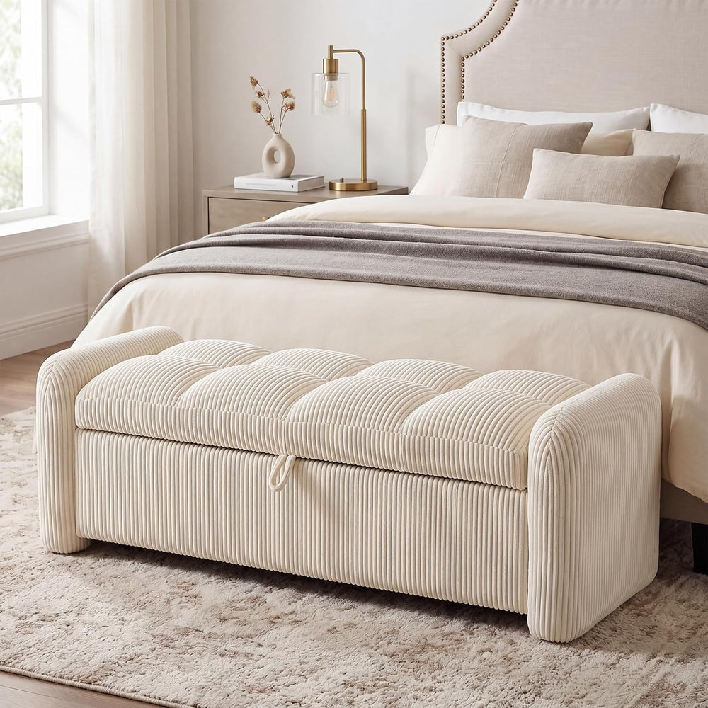 Oversized Corduroy Ottoman Bench with Storage, Upholstered End of Bed Bench f...