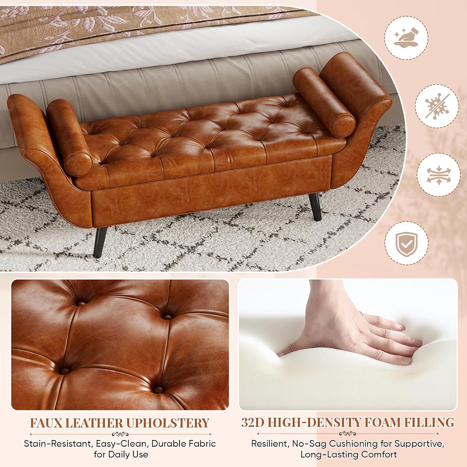 Faux Leather Storage Bench for Bedroom End of Bed, 65-Inch Rolled Arm Upholstered Bench with Hidden Storage, Brown End of Bed Bench with Sturdy Wood Frame, Space-Saving Entryway Ottoman Seat (Brown)