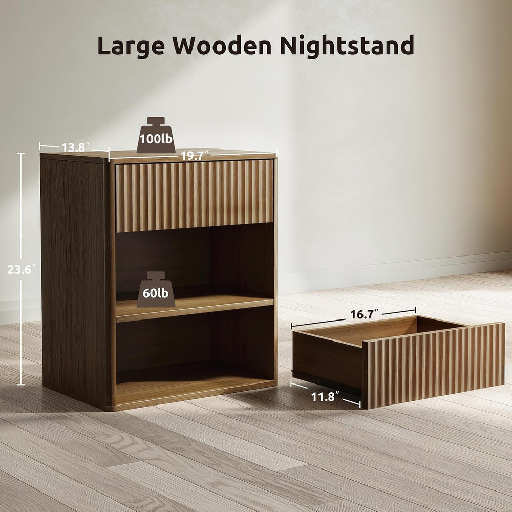 Nightstand Bedside Table Storage Drawer - Large Mid Century Modern Night Stan...