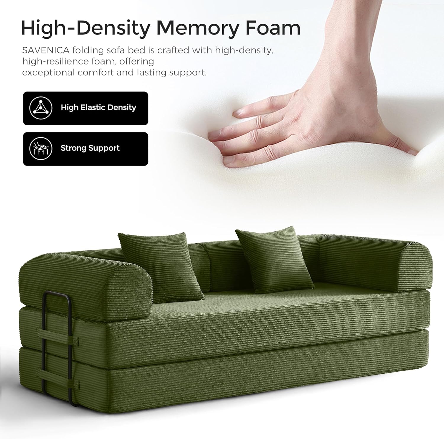 79" Convertible Sofa Bed with Fixed-Shape Frame & Removable Armrests, Modular Corduroy Sleeper Sofa, Folding Mattress Couch for Small Spaces - No Assembly Needed in Green (Includes 2 Pillows)