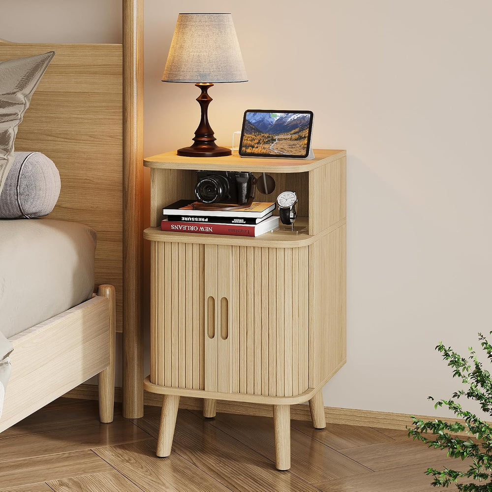 Alohappy Fluted Nightstands Set of 2 with Charging Station, Mid Century Moder...
