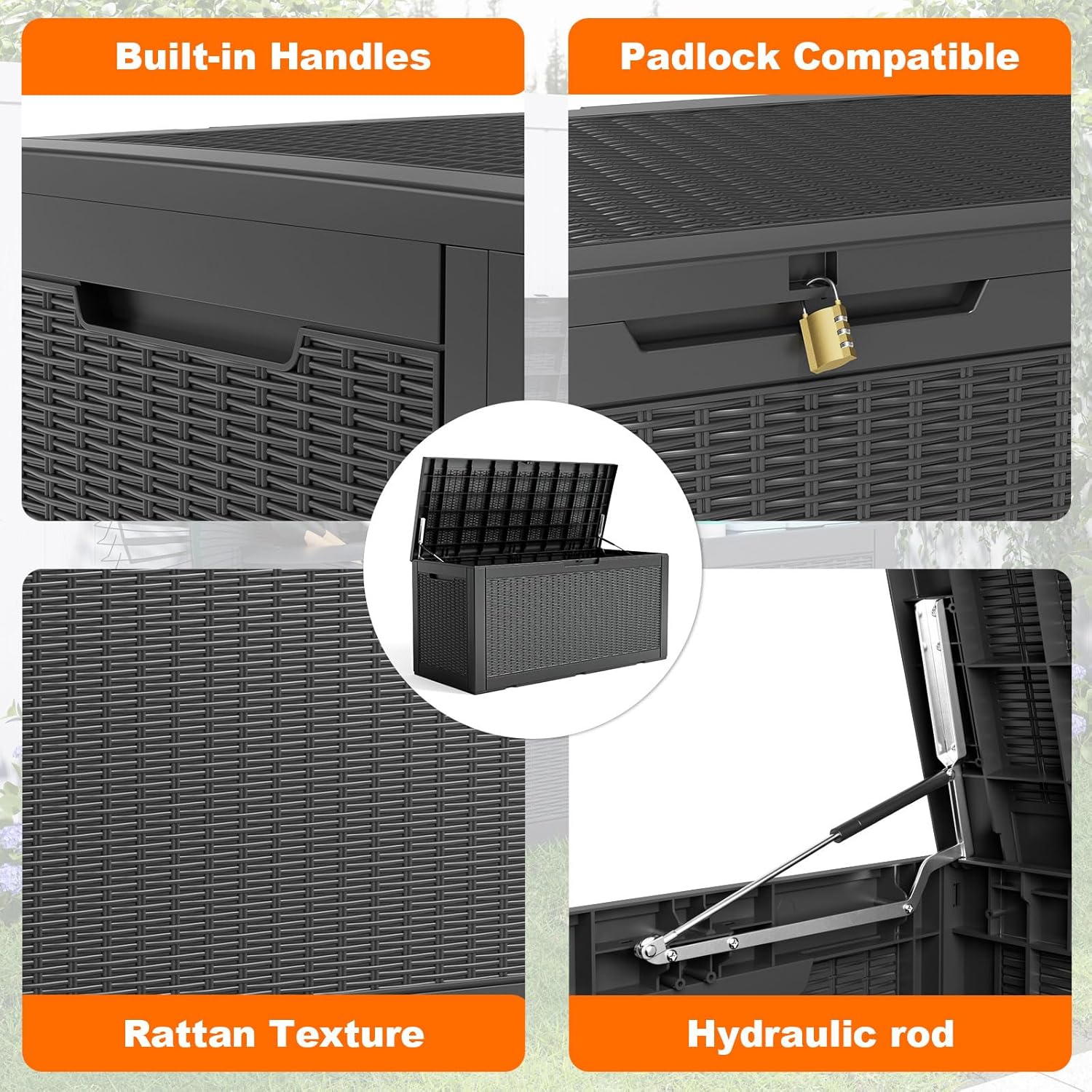 120 Gallon Resin Deck Box, Lockable Patio Outdoor Storage Box for Furniture, Garden Tools and Tools Storage, Waterproof Outside Storage Boxes - Black