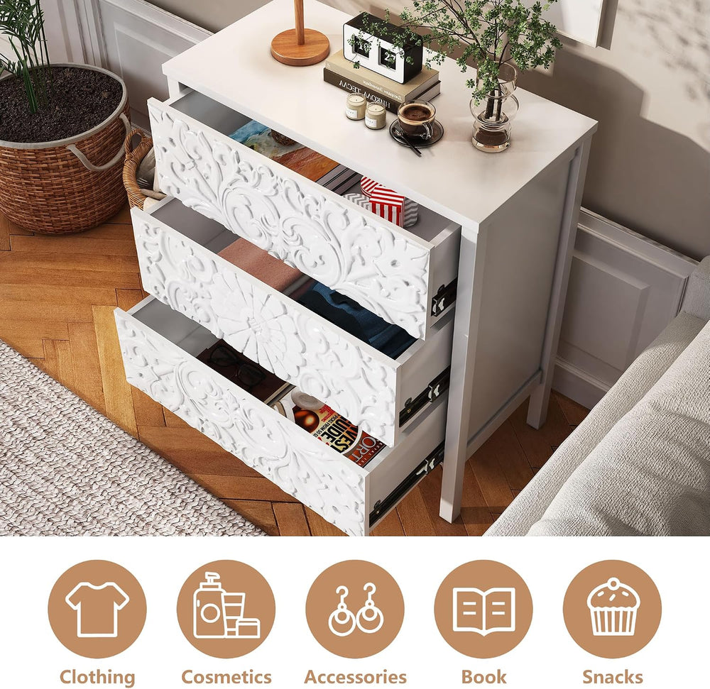 3-Drawer Dresser Chest, Modern Wooden Flower Motif Dressers with Wide Storage...