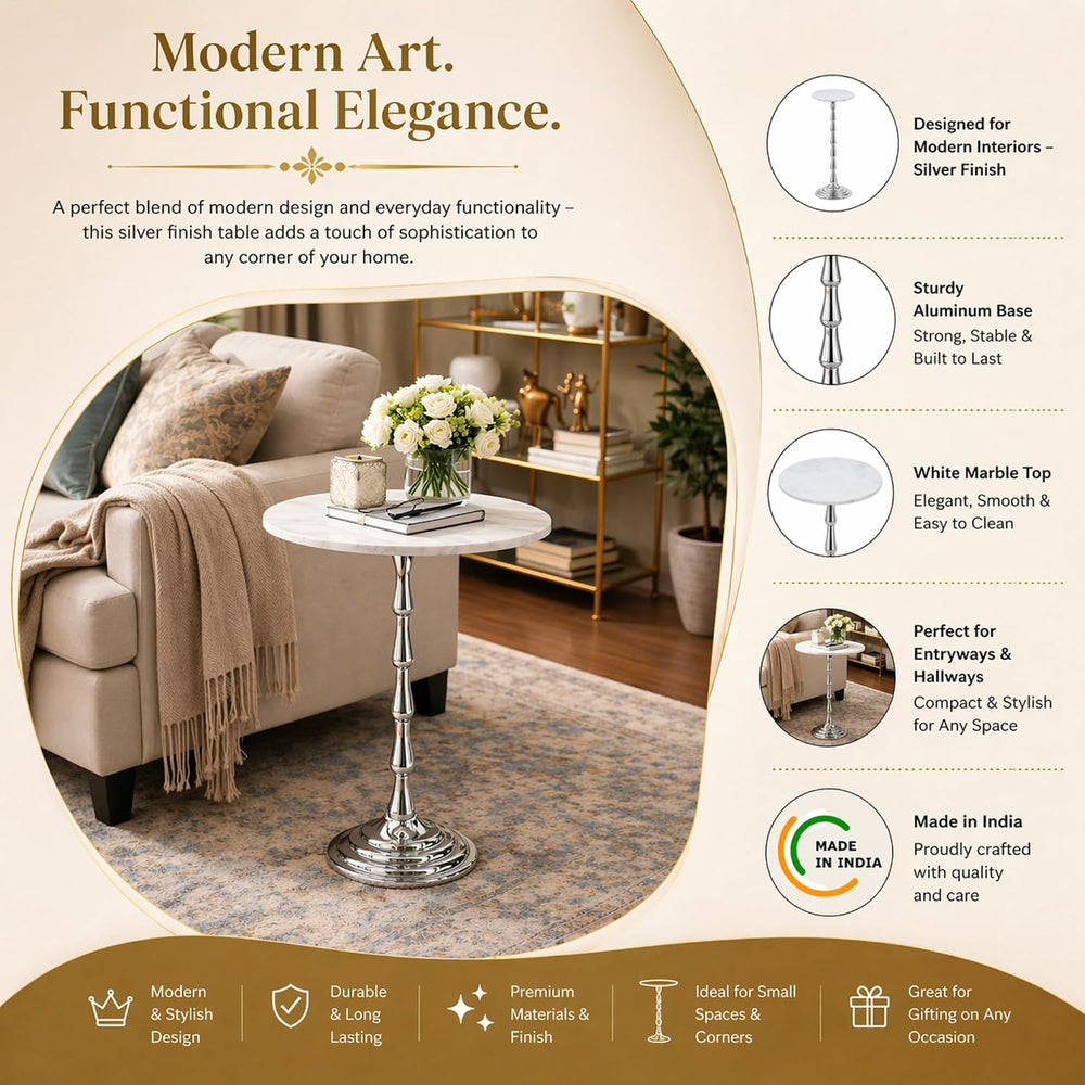 Silver Drink Table with White Marble Top | Decorative Modern End Table | Alum...