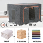 Linen Clothes Storage Bins, 4PCS Sturdy Closet Organizers and Storage Bin with Metal Frame, 2 Opening Ways Fabric Visible Lidded Storage Box for Organizing Clothing,Jeans,Sheets (4PC Gray, 60Liters)
