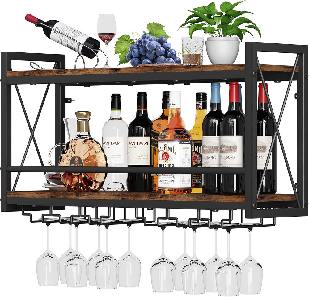 Homeiju Wall Mounted Wine Rack, Bottle & Glass Holder Wood-Metal Retro Wi...